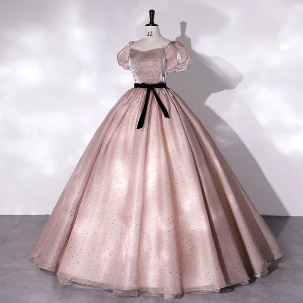 Élégant Rougissant Rose Tachetée Robe De Bal 2022 Robe Boule De l'épaule Gonflée Manches Courtes Dos Nu Ceinture Noeud Longue Robe De Ceremonie
