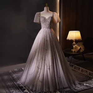 Luxe Haut De Gamme Rougissant Rose Fait Main Perlage Perle Faux Diamant Robe De Bal 2023 Princesse Encolure Carrée Gonflée Manches Courtes Dos Nu Train De Balayage Promo Robe De Ceremonie