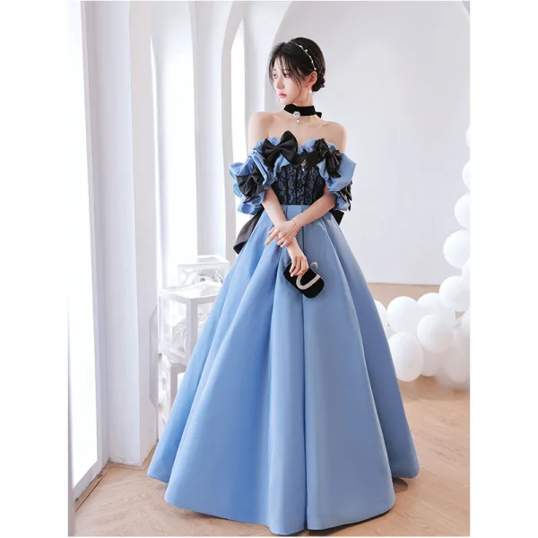 Fashion Pool Blue Prom Dresses 2022 A-Line / Princess Ruffle Off-The-Shoulder Short Sleeve Backless Bow Floor-Length / Long Prom Formal Dresses Fashion Pool Blue Prom Dresses 2022 A-Line / Princess Ruffle Off-The-Shoulder Short Sleeve Backless Bow Floor-Length / Long Prom Formal Dresses