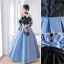 Mode Bleu Robe De Bal 2022 Princesse Volants De l'épaule Manches Courtes Dos Nu Noeud Longue Promo Robe De Ceremonie