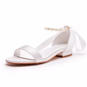 Sexy Blanche Perle Bride Cheville Noeud Plate Chaussure De Mariée 2023 Peep Toes Bout Ouvert Mariage Sandales