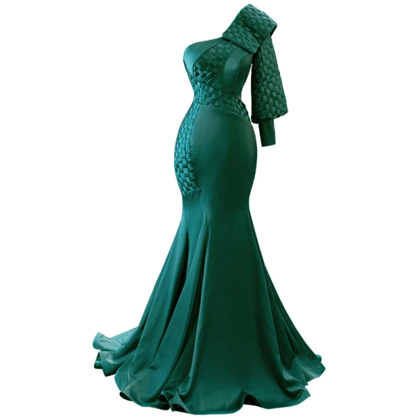 Vintage / Originale Haut de Gamme Vert Foncé Robe De Soirée 2023 Trompette / Sirène Une épaule Manches Longues Dos Nu Fermeture Éclair Sur Le Côté Train De Balayage Soirée Robe De Ceremonie