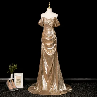 Sparkly Gold Sequins Evening Dresses 2025 Trumpet Mermaid Off The Shoulder Sleeveless Backless Sweep Train Evening Party Formal Dresses