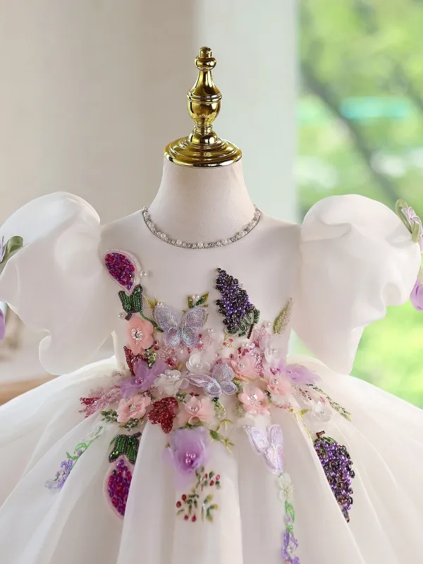 Chic / Beautiful White Beading Lace Flower Appliques Birthday Short Flower Girl Dresses 2026 Ball Gown Scoop Neck Puffy Short Sleeve