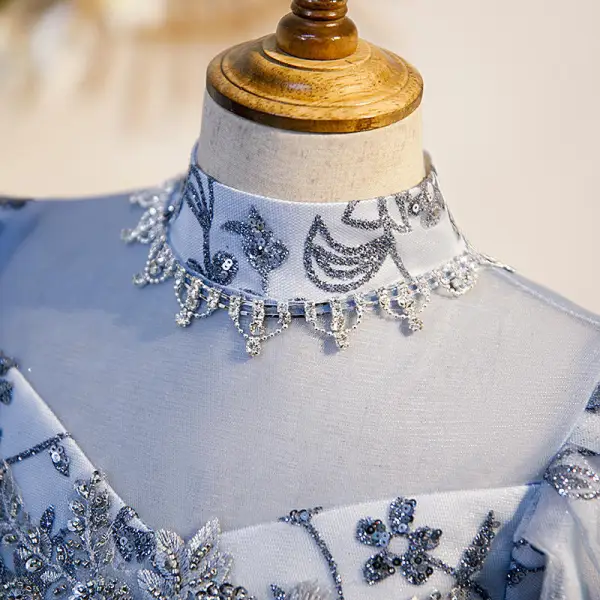 Chic / Beautiful Sky Blue Glitter Sequins Beading Rhinestone Lace Flower Birthday Flower Girl Dresses 2022 A-Line / Princess High Neck Short Sleeve Backless Floor-Length / Long Flower Girl Dresses