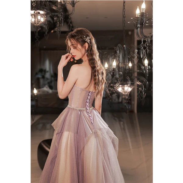 Charming Purple Ruffle Prom Dresses 2022 A-Line / Princess Strapless Sleeveless Backless Floor-Length / Long Prom Formal Dresses
