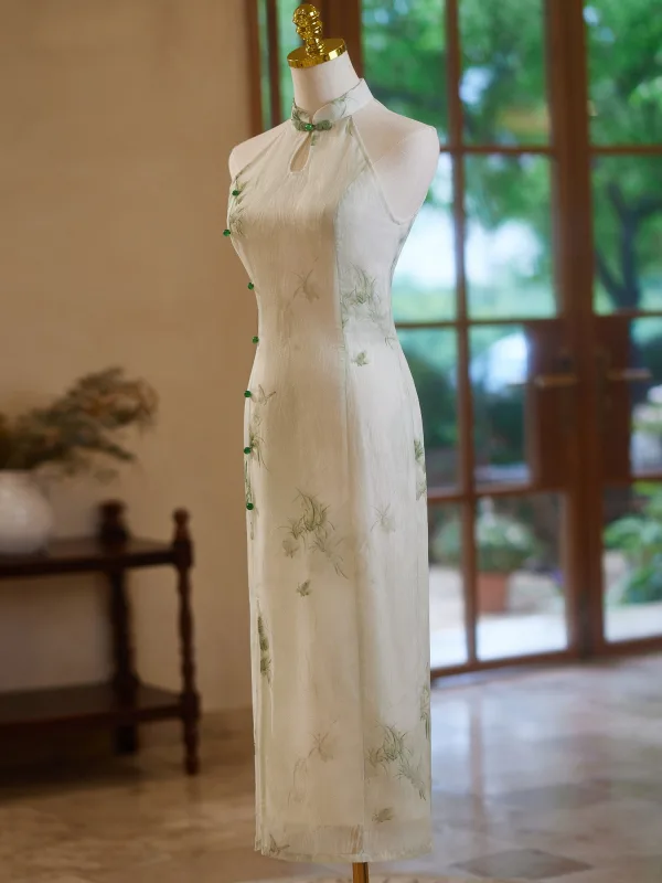 Chinese style Sage Green Printing Tea-length Cheongsam 2024 Trumpet / Mermaid High Neck Sleeveless