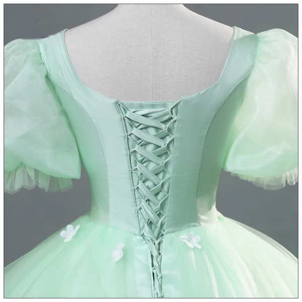 Elegant Sage Green Lace Flower Cascading Ruffles Prom Dresses 2024 Ball Gown Square Neckline Puffy Short Sleeve Backless Floor-Length / Long Prom Formal Dresses