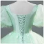 Elegant Sage Green Lace Flower Cascading Ruffles Prom Dresses 2024 Ball Gown Square Neckline Puffy Short Sleeve Backless Floor-Length / Long Prom Formal Dresses
