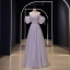 Elegante Lavendel Pailletten Ballkleider 2023 A Linie Eckiger Ausschnitt Geschwollenes Kurze Ärmel Rückenfreies Lange Ball Festliche Kleider