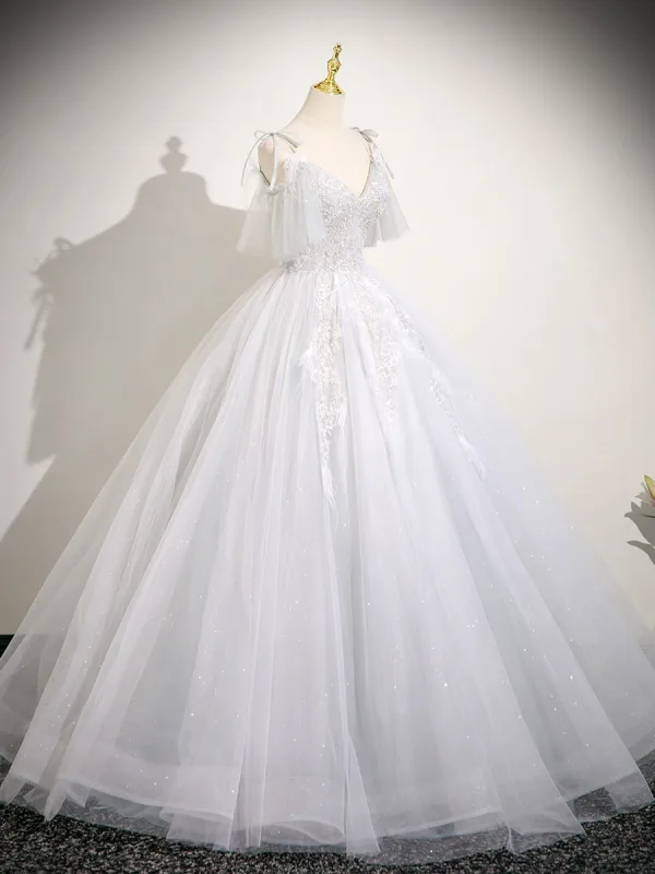 Charmant Blanche Perlage Paillettes Robe De Bal 2025 Robe Boule Bretelles Spaghetti Sans Manches Dos Nu Longue Robe De Ceremonie