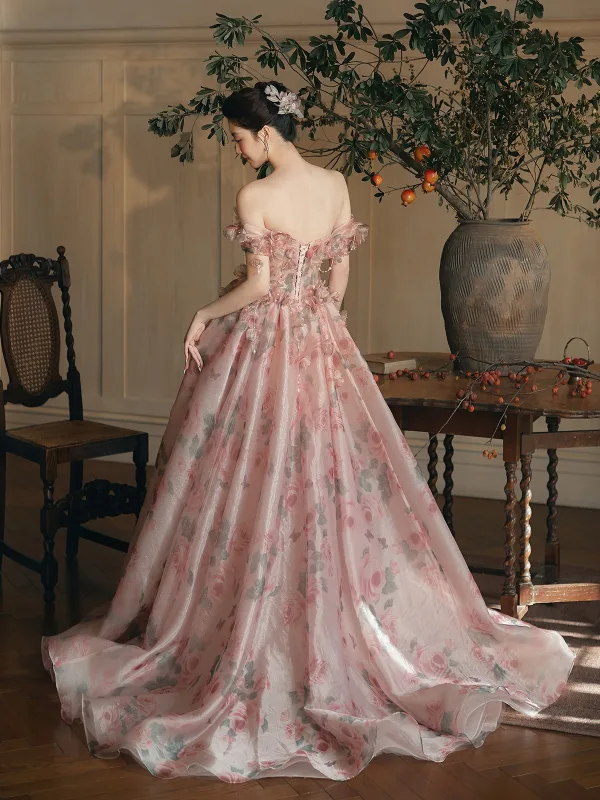 Flower Fairy Blushing Pink Appliques Printing A-Line / Princess Prom Dresses 2025 Off-The-Shoulder Sleeveless Backless Floor-Length / Long Prom Formal Dresses