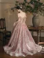 Flower Fairy Blushing Pink Appliques Printing A-Line / Princess Prom Dresses 2025 Off-The-Shoulder Sleeveless Backless Floor-Length / Long Prom Formal Dresses