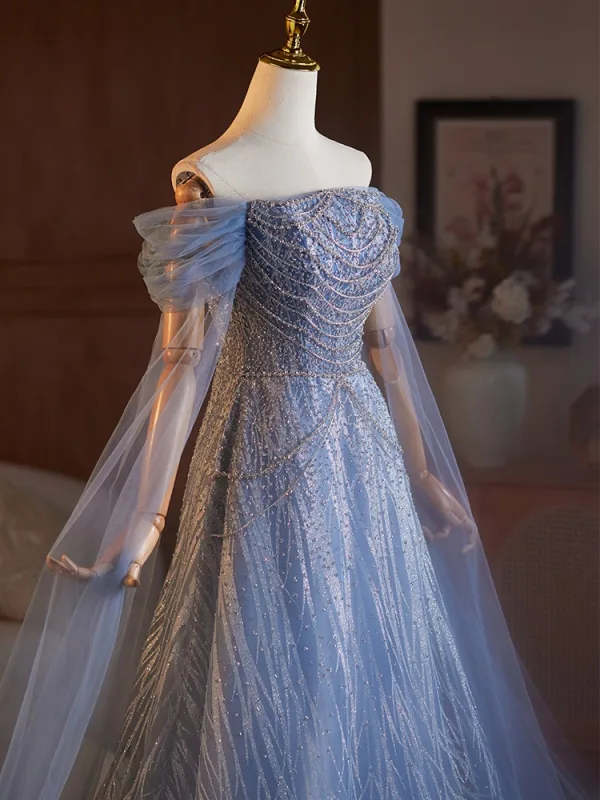 Bling Bling Sky Blue Beading Sequins Prom Dresses 2025 A-Line / Princess Off-The-Shoulder Short Sleeve Backless Floor-Length / Long Prom Formal Dresses