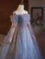 Bling Bling Sky Blue Beading Sequins Prom Dresses 2025 A-Line / Princess Off-The-Shoulder Short Sleeve Backless Floor-Length / Long Prom Formal Dresses