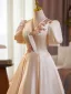 Elegant Champagne Sequins Satin Prom Dresses 2025 Ball Gown V-Neck Short Sleeve Backless Floor-Length / Long Prom Formal Dresses