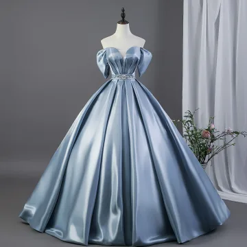 Y2k Inspired Dusty Blue Rhinestone Satin Prom Dresses 2026 Ball Gown Off The Shoulder Short Sleeve Backless Floor Length Long