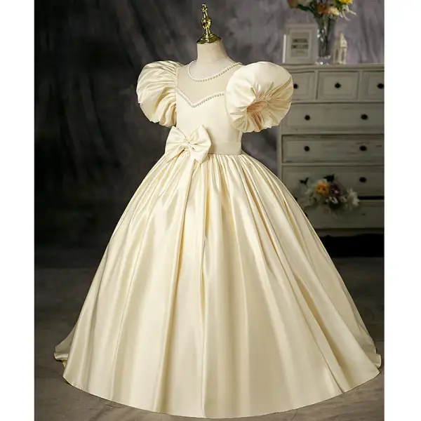 Elegant Champagne Satin Birthday Flower Girl Dresses 2022 Ball Gown Pearl Scoop Neck Puffy Short Sleeve Bow Backless Floor-Length / Long Flower Girl Dresses