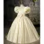 Elegant Champagne Satin Birthday Flower Girl Dresses 2022 Ball Gown Pearl Scoop Neck Puffy Short Sleeve Bow Backless Floor-Length / Long Flower Girl Dresses