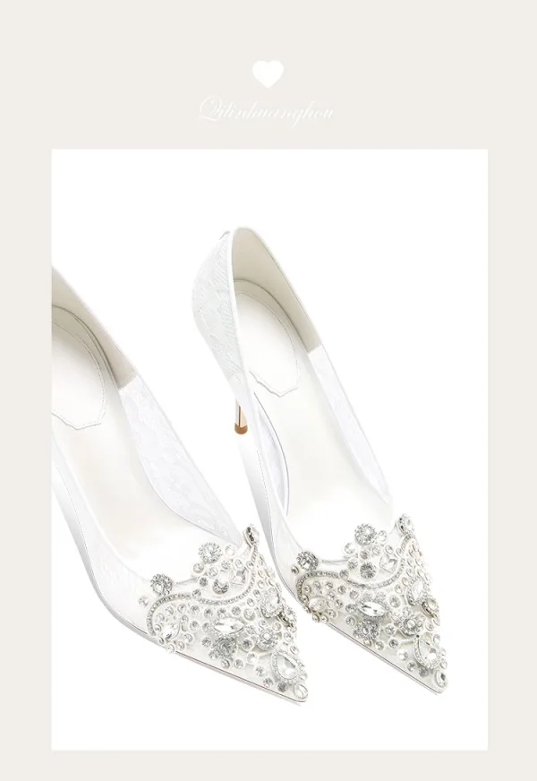 Elegante Kanten Rhinestone Witte Bruidsschoenen 2024 10 cm Naaldhakken / Stiletto Spitse Neus Huwelijk Pumps Hoge Hakken
