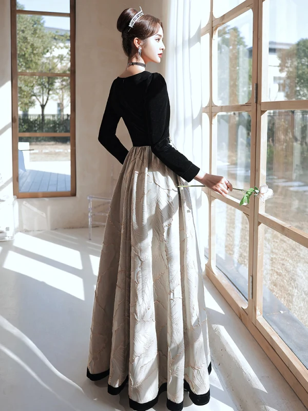 Elegant Black Velour Evening Dresses 2023 A-Line / Princess Square Neckline Long Sleeve Floor-Length / Long Evening Party Formal Dresses