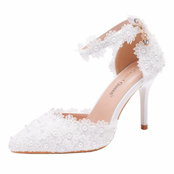 Élégant Blanche Perle En Dentelle Fleur Chaussure De Mariée 2023 Bride Cheville 9 cm Talons Aiguilles À Bout Pointu Mariage Talons Hauts