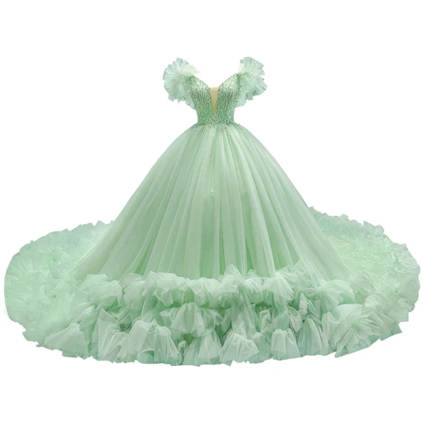 Luxe Vert Cendré Volants en Cascade Perlage Faux Diamant Paillettes Robe De Bal 2022 Robe Boule V-Cou Manches Courtes Dos Nu Royal Train Promo Robe De Ceremonie