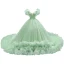 Luxe Vert Cendré Volants en Cascade Perlage Faux Diamant Paillettes Robe De Bal 2022 Robe Boule V-Cou Manches Courtes Dos Nu Royal Train Promo Robe De Ceremonie