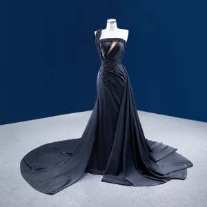 Haut De Gamme Charmant Noire Fait Main Perlage Paillettes Robe De Soirée 2022 Trompette Sirène Une Épaule Sans Manches Dos Nu Chapel Train Soirée Robe De Ceremonie