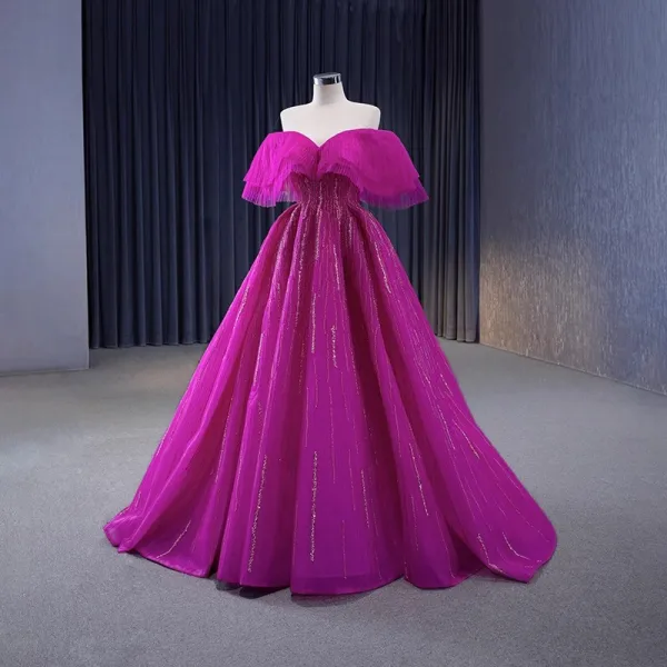 Fashion Fuchsia Beading Prom Dresses 2023 Ball Gown Off-The-Shoulder Short Sleeve Backless Floor-Length / Long Prom Formal Dresses