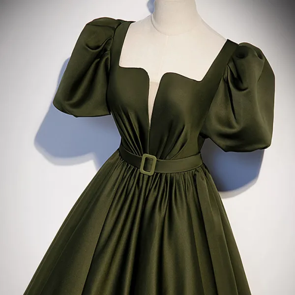Vintage / Retro Satin Dark Green Prom Dresses 2022 A-Line / Princess Square Neckline Puffy Short Sleeve Backless Bow Sash Floor-Length / Long Formal Dresses