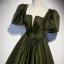 Vintage / Retro Satin Dark Green Prom Dresses 2022 A-Line / Princess Square Neckline Puffy Short Sleeve Backless Bow Sash Floor-Length / Long Formal Dresses