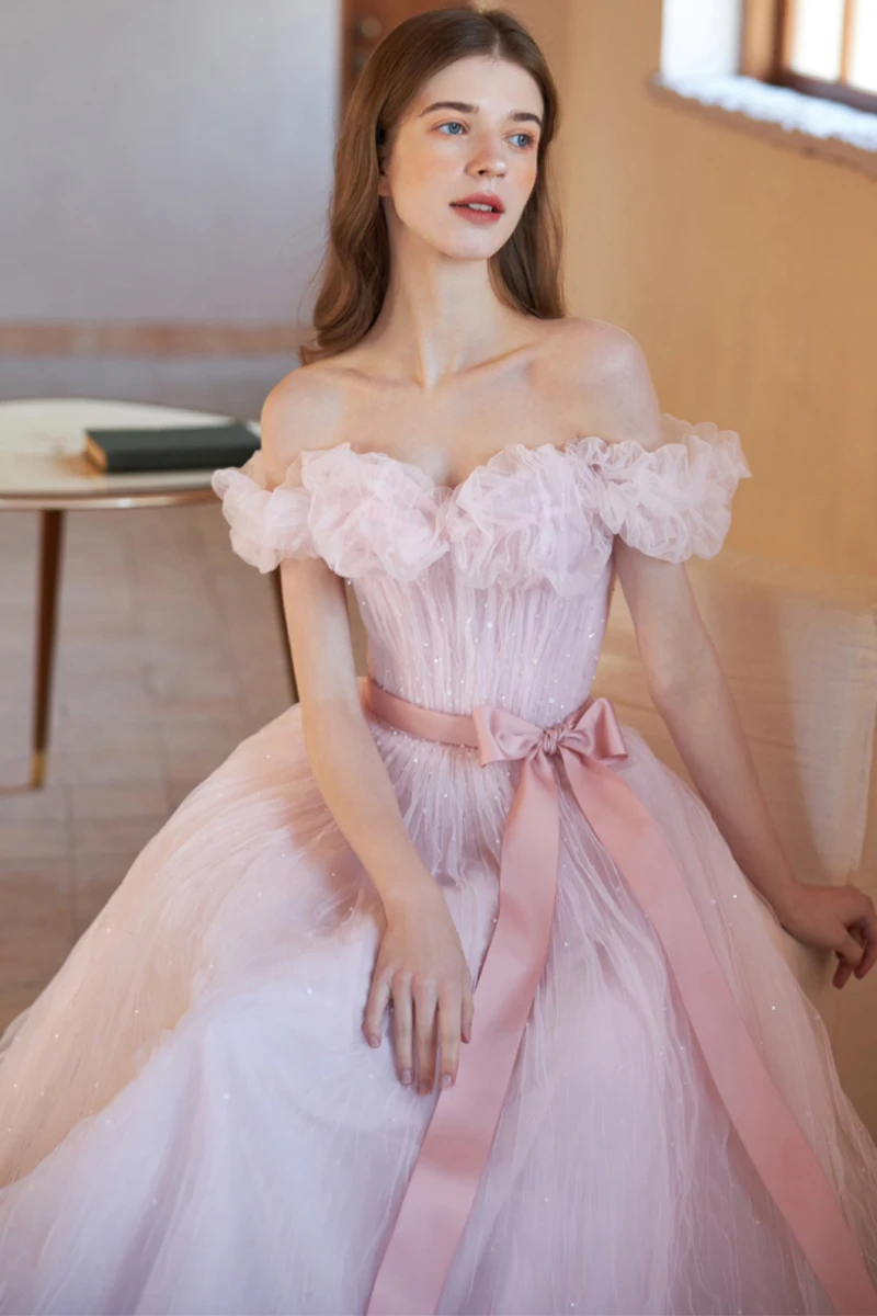 Lovely Blushing Pink Pleated Prom Dresses 2023 A-Line Princess Off-The-Shoulder Bow Sash