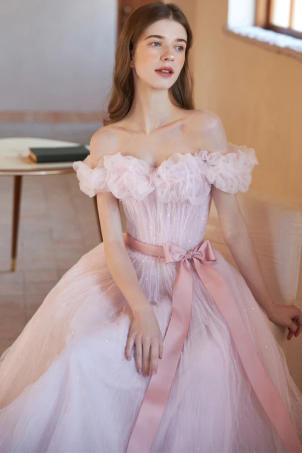 Lovely Blushing Pink Pleated Prom Dresses 2023 A-Line / Princess Off-The-Shoulder Sleeveless Bow Sash Backless Floor-Length / Long Prom Formal Dresses