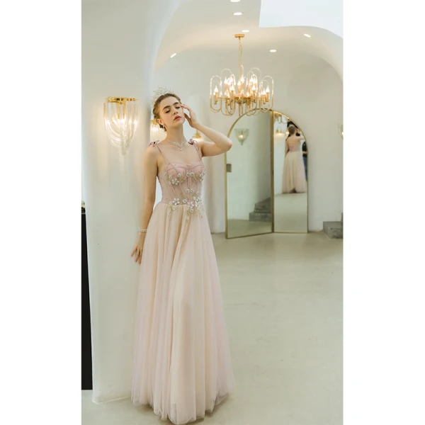 Charming Blushing Pink Evening Dresses 2022 A-Line / Princess Spaghetti Straps Sleeveless Backless Beading Rhinestone Lace Flower Floor-Length / Long Evening Party Formal Dresses