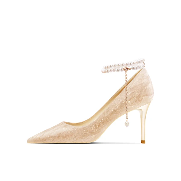 Charmant Gold Pailletten Perle Knöchelriemen Brautschuhe 2023 Leder 8 cm Stilettos Spitzschuh Hochzeit Pumps Hochhackige
