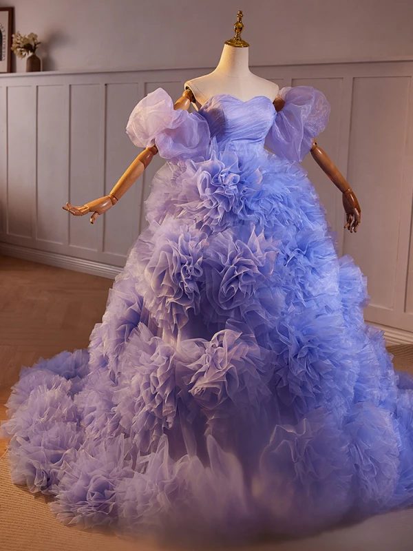 Fashion Lavender Cascading Ruffles Prom Dresses 2024 Ball Gown Off-The-Shoulder Puffy Short Sleeve Backless Court Train Prom Formal Dresses