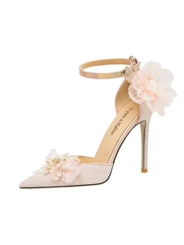 Sexy Blushing Pink Glitter Pearl Rhinestone Appliques Prom Womens Sandals 2024 Leather Ankle Strap 10 Cm Stiletto Heels Pointed Toe Sandals High Heels