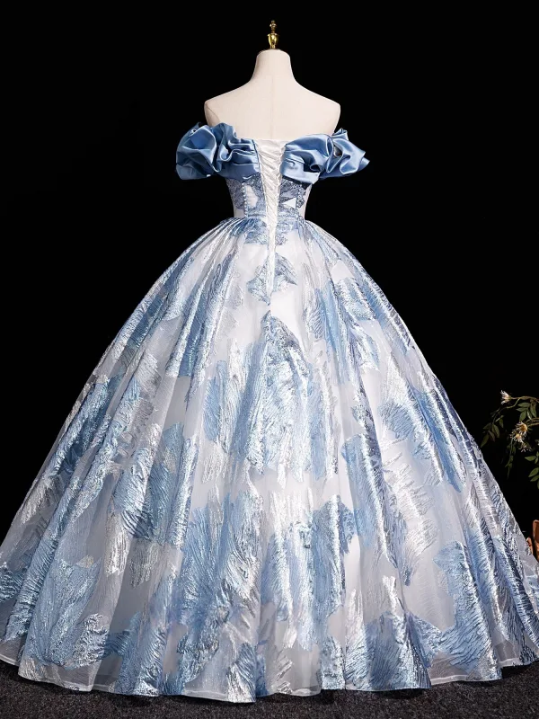 Elegant Sky Blue Glitter Pearl Printing Prom Dresses 2025 Ball Gown Off-The-Shoulder Sleeveless Backless Floor-Length / Long Prom Formal Dresses
