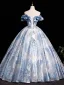 Elegant Sky Blue Glitter Pearl Printing Prom Dresses 2025 Ball Gown Off-The-Shoulder Sleeveless Backless Floor-Length / Long Prom Formal Dresses