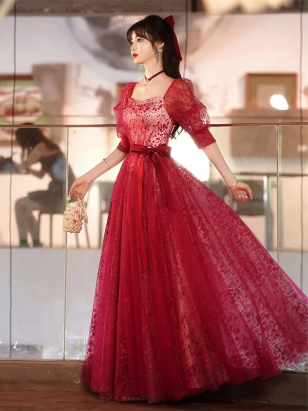 Chic / Belle Bordeaux Robe De Bal 2022 Princesse Encolure Carrée Paillettes Manches Courtes Dos Nu Noeud Ceinture Longue Robe De Ceremonie