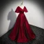 Elegant Burgundy Satin Prom Dresses 2023 A-Line / Princess V-Neck Short Sleeve Backless Floor-Length / Long Prom Formal Dresses