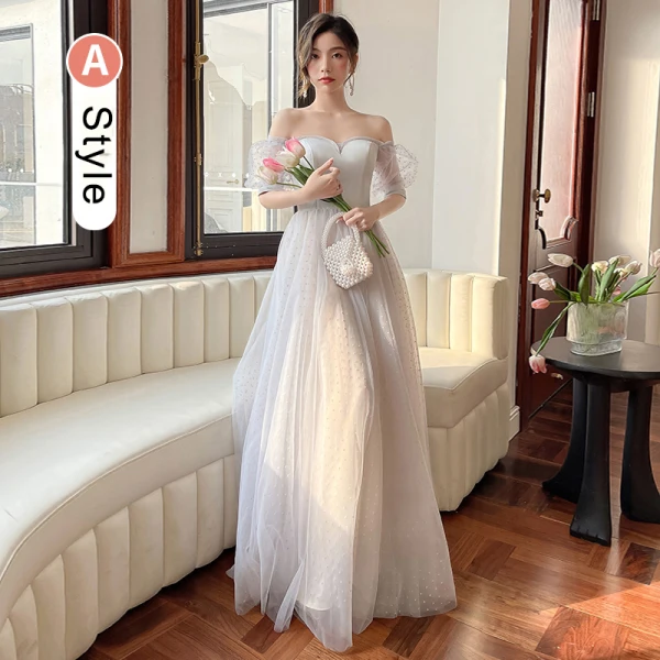 Modest / Simple Grey Spotted Bridesmaid Dresses 2022 A-Line / Princess Puffy Short Sleeve Backless Floor-Length / Long Bridesmaid Formal Dresses Bridesmaid Dresses