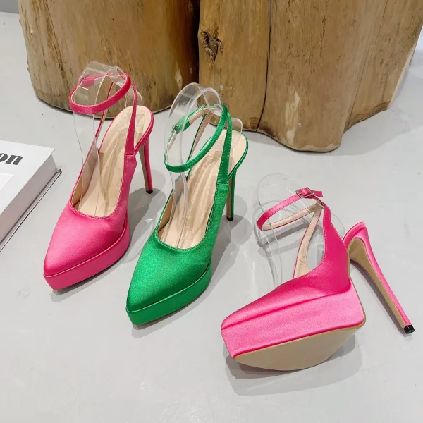 Chic / Beautiful Green Cocktail Party Satin Womens Sandals 2023 14 cm Stiletto Heels Ankle Strap Pointed Toe Sandals High Heels