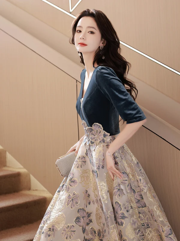 Mode Bleu Marine Impression Robe De Bal 2023 Princesse V-Cou 1/2 Manches Longue Promo Robe De Ceremonie
