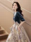 Mode Bleu Marine Impression Robe De Bal 2023 Princesse V-Cou 1/2 Manches Longue Promo Robe De Ceremonie