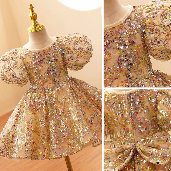Scintillantes Doré Paillettes Anniversaire Courte Robe Ceremonie Fille 2022 Robe Boule Encolure Dégagée Gonflée Manches Courtes Noeud Robe Ceremonie Fille