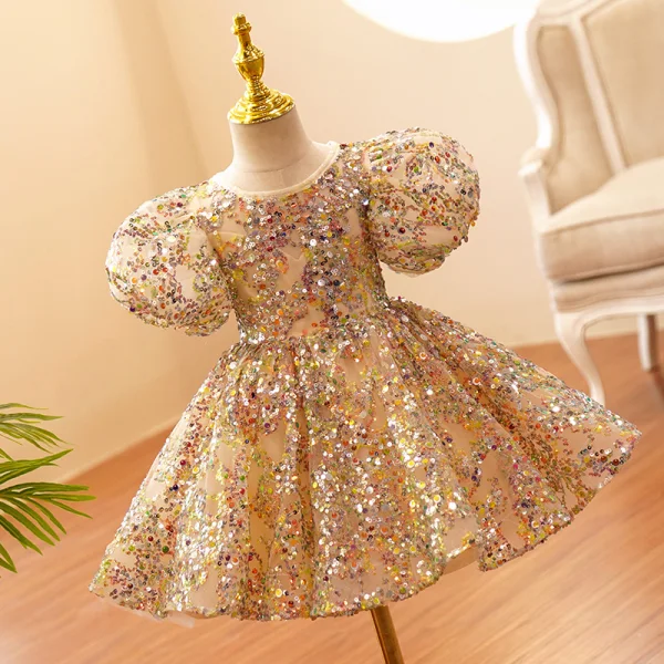 Scintillantes Doré Paillettes Anniversaire Courte Robe Ceremonie Fille 2022 Robe Boule Encolure Dégagée Gonflée Manches Courtes Noeud Robe Ceremonie Fille