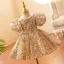 Scintillantes Doré Paillettes Anniversaire Courte Robe Ceremonie Fille 2022 Robe Boule Encolure Dégagée Gonflée Manches Courtes Noeud Robe Ceremonie Fille