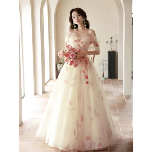 Fée Des Fleurs Chic Belle Blanche Appliques Robe De Bal 2023 Princesse De L Épaule Manches Courtes Dos Nu Longue Promo Robe De Ceremonie